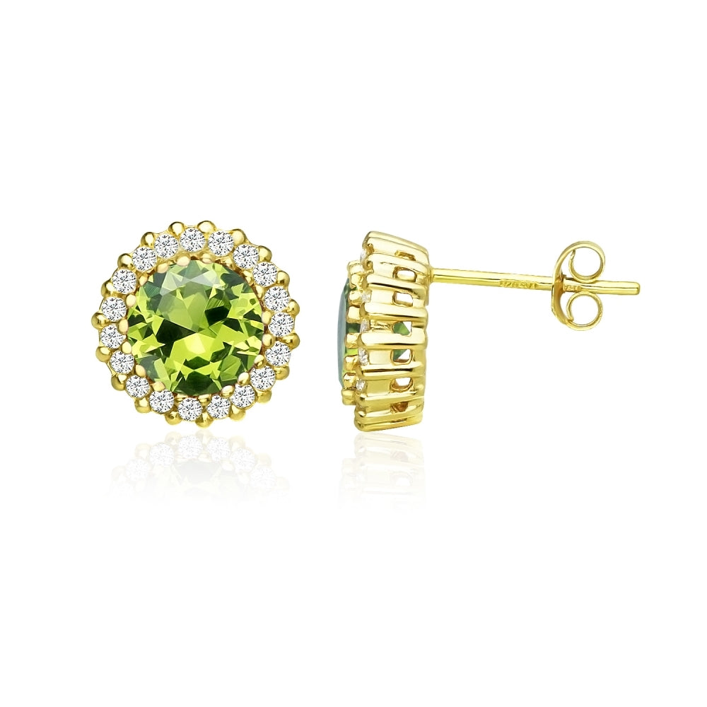 Yellow Gold Flashed Sterling Silver Created Peridot and Cubic Zirconia Round Halo Stud Earrings