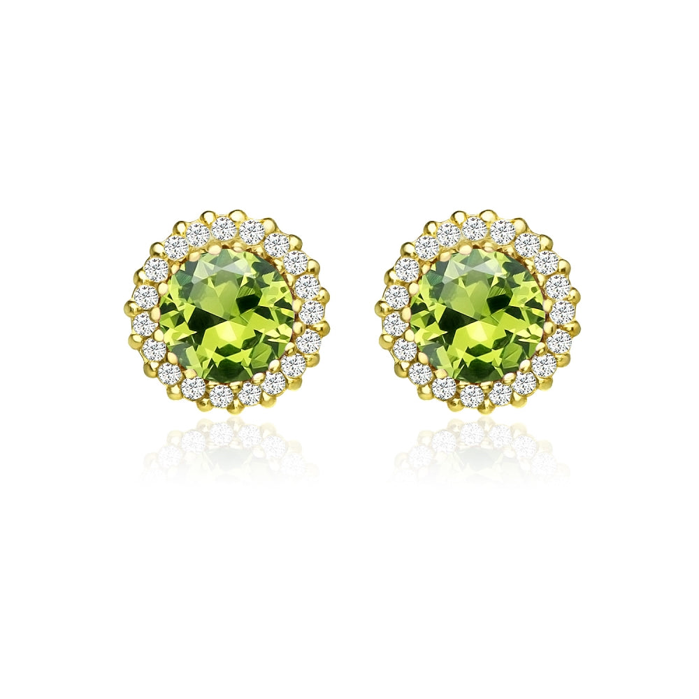 Yellow Gold Flashed Sterling Silver Created Peridot and Cubic Zirconia Round Halo Stud Earrings-2
