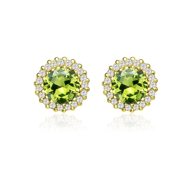 Yellow Gold Flashed Sterling Silver Created Peridot and Cubic Zirconia Round Halo Stud Earrings