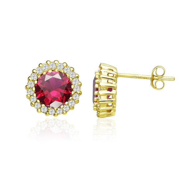 Yellow Gold Flashed Sterling Silver Created Ruby and Cubic Zirconia Round Halo Stud Earrings