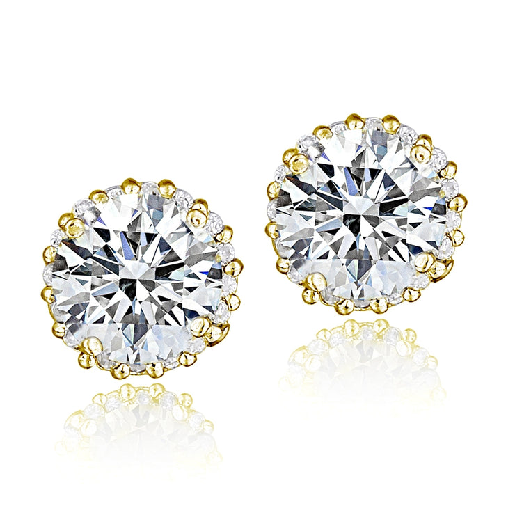 Gold Tone over Sterling Silver 100 Facets Cubic Zirconia Halo Stud Earrings (3cttw)