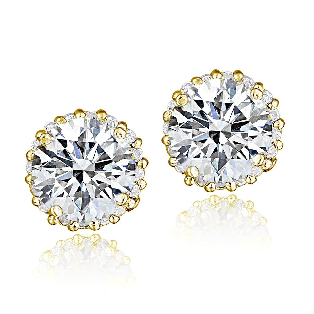 Gold Tone over Sterling Silver 100 Facets Cubic Zirconia Halo Stud Earrings (3cttw)-2