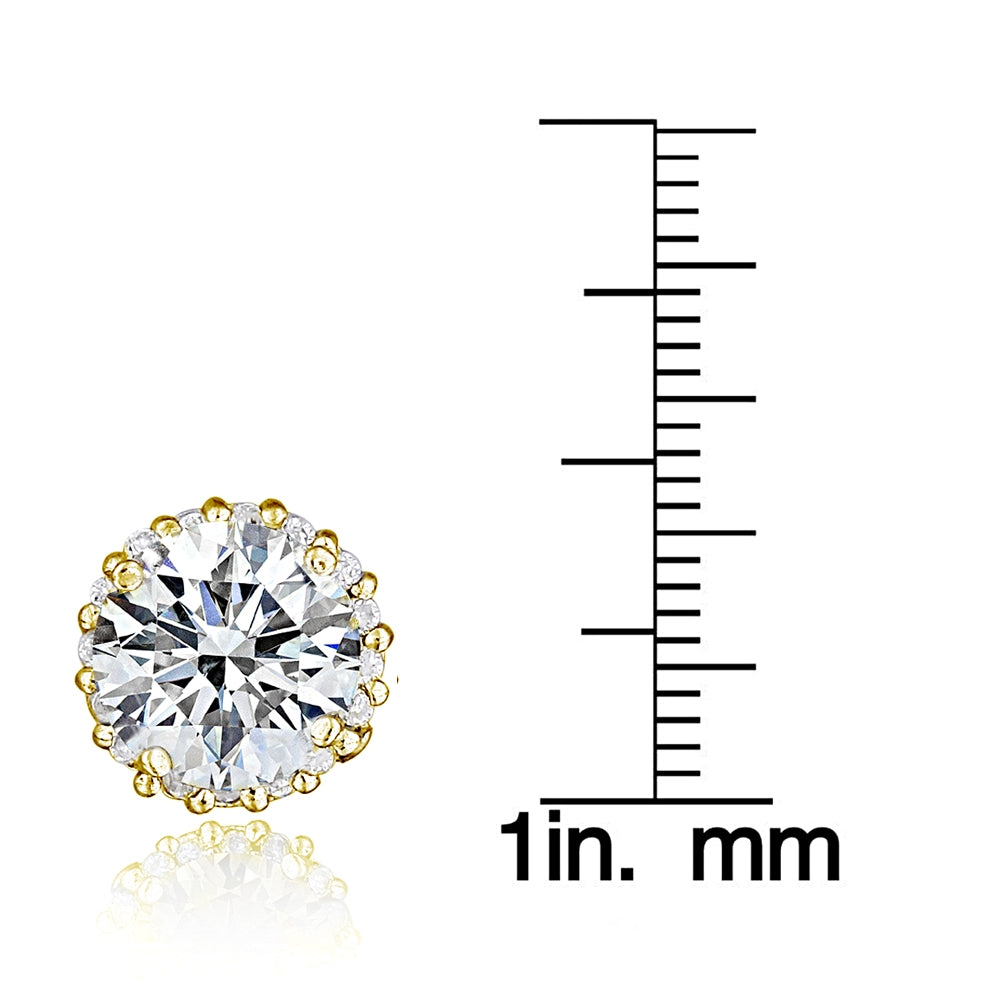 Gold Tone over Sterling Silver 100 Facets Cubic Zirconia Halo Stud Earrings (3cttw)-4