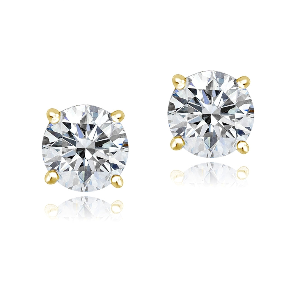 Gold Tone over Sterling Silver 100 Facets Cubic Zirconia Solitaire Stud Earrings (2cttw)-2