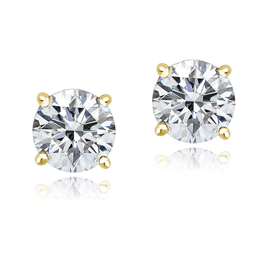 Gold Tone over Sterling Silver 100 Facets Cubic Zirconia Solitaire Stud Earrings (3cttw)-2
