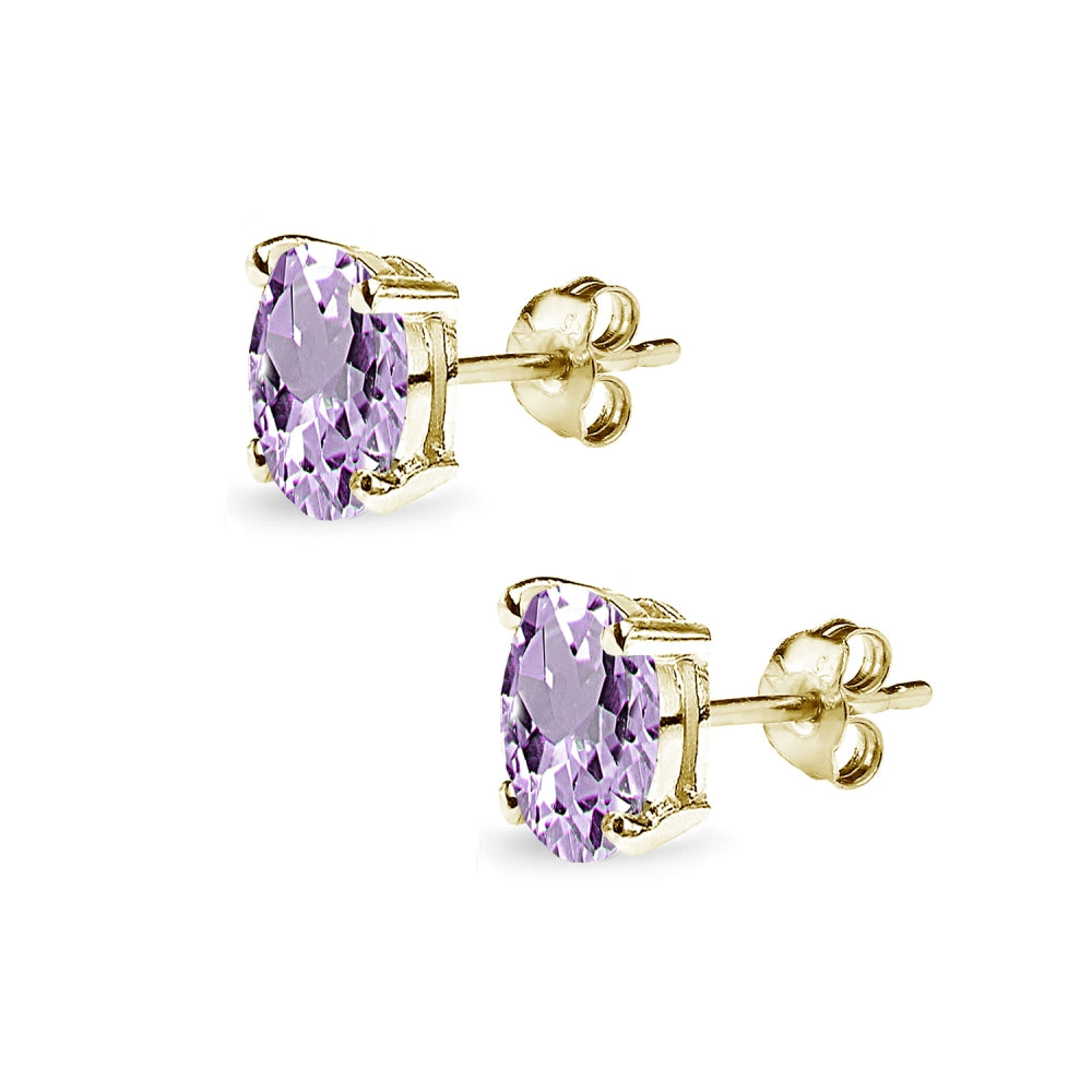 Yellow Gold Flashed Sterling Silver Amethyst 7x5mm Oval-Cut Solitaire Stud Earrings-2