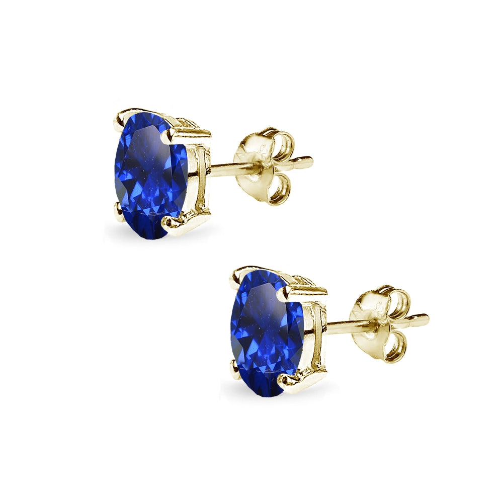 Yellow Gold Flashed Sterling Silver Created Blue Sapphire 7x5mm Oval-Cut Solitaire Stud Earrings-2