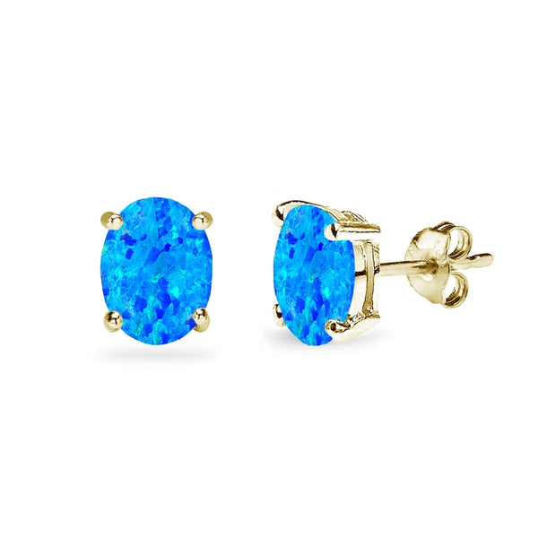 Yellow Gold Flashed Sterling Silver Created Blue Opal 7x5mm Oval-Cut Solitaire Stud Earrings