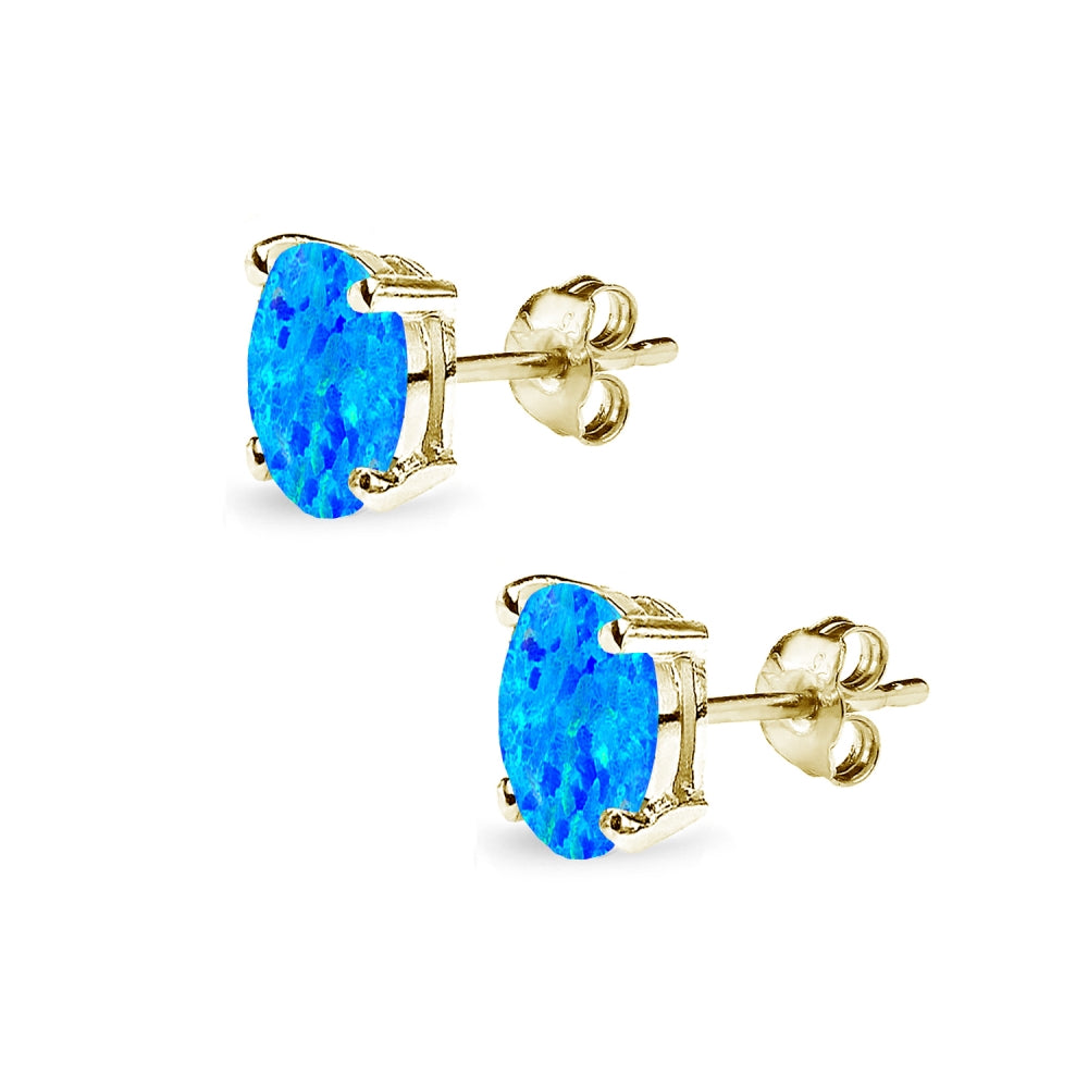 Yellow Gold Flashed Sterling Silver Created Blue Opal 7x5mm Oval-Cut Solitaire Stud Earrings-2