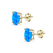 Yellow Gold Flashed Sterling Silver Created Blue Opal 7x5mm Oval-Cut Solitaire Stud Earrings