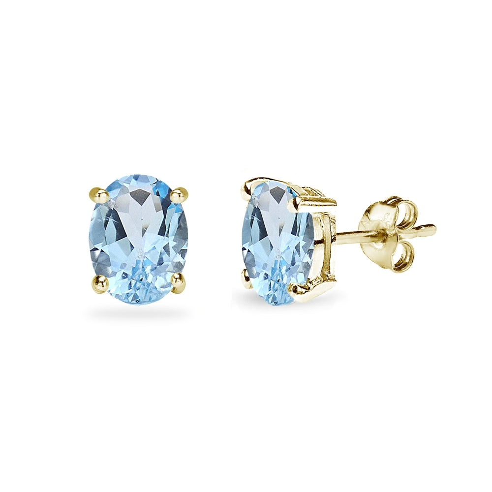 Yellow Gold Flashed Sterling Silver Blue Topaz 7x5mm Oval-Cut Solitaire Stud Earrings