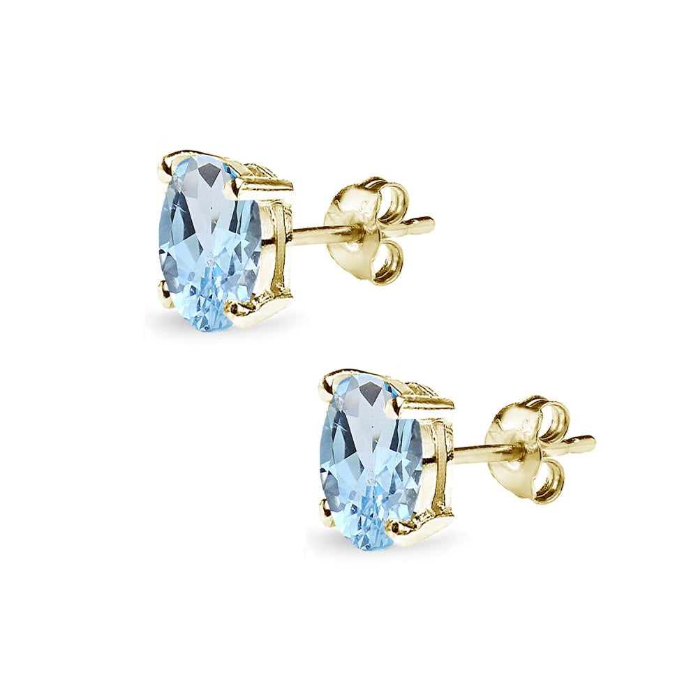 Yellow Gold Flashed Sterling Silver Blue Topaz 7x5mm Oval-Cut Solitaire Stud Earrings-2