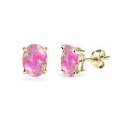 Yellow Gold Flashed Sterling Silver Created Pink Opal 7x5mm Oval-Cut Solitaire Stud Earrings