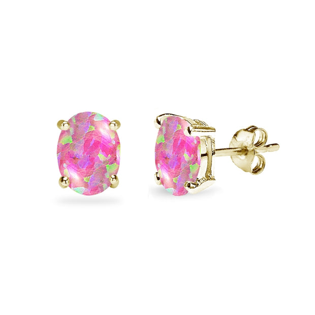 Yellow Gold Flashed Sterling Silver Created Pink Opal 7x5mm Oval-Cut Solitaire Stud Earrings