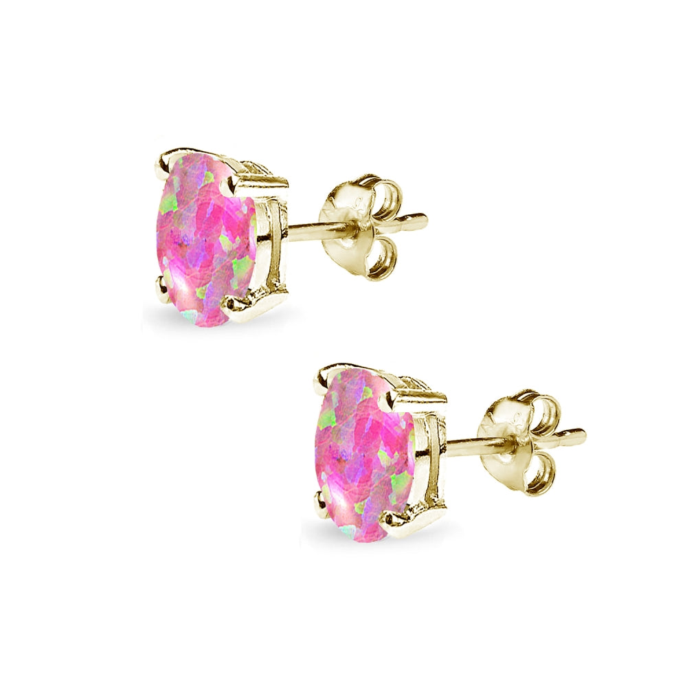 Yellow Gold Flashed Sterling Silver Created Pink Opal 7x5mm Oval-Cut Solitaire Stud Earrings-2