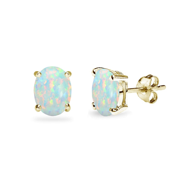 Yellow Gold Flashed Sterling Silver Created White Opal 7x5mm Oval-Cut Solitaire Stud Earrings