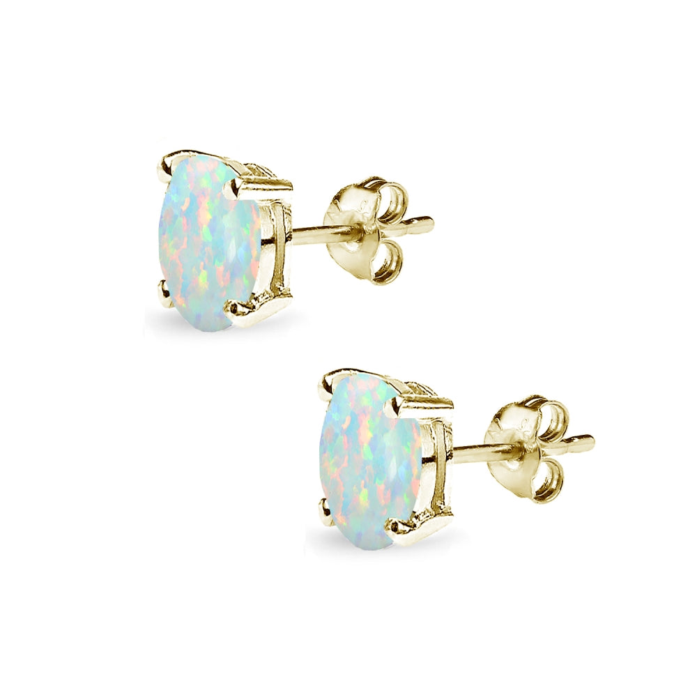 Yellow Gold Flashed Sterling Silver Created White Opal 7x5mm Oval-Cut Solitaire Stud Earrings-2