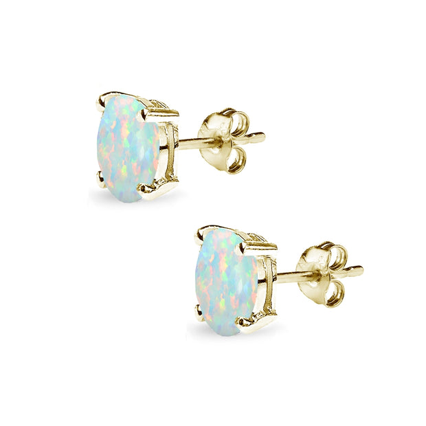 Yellow Gold Flashed Sterling Silver Created White Opal 7x5mm Oval-Cut Solitaire Stud Earrings