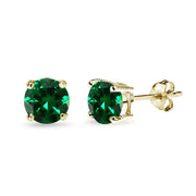 Yellow Gold Flashed Sterling Silver Simulated Emerald 7mm Round-Cut Solitaire Stud Earrings