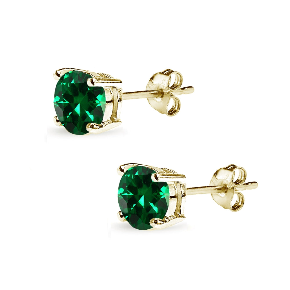 Yellow Gold Flashed Sterling Silver Simulated Emerald 7mm Round-Cut Solitaire Stud Earrings-2