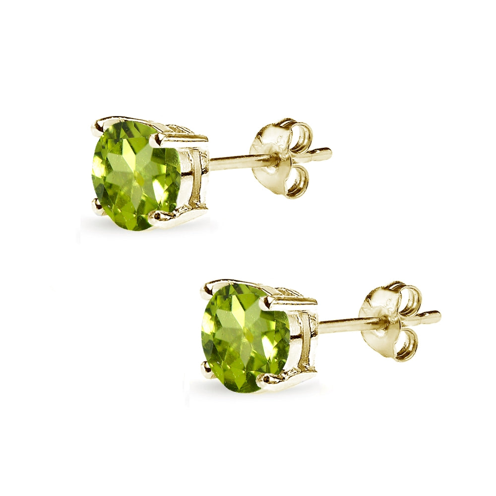 Yellow Gold Flashed Sterling Silver Peridot 7mm Round-Cut Solitaire Stud Earrings-2