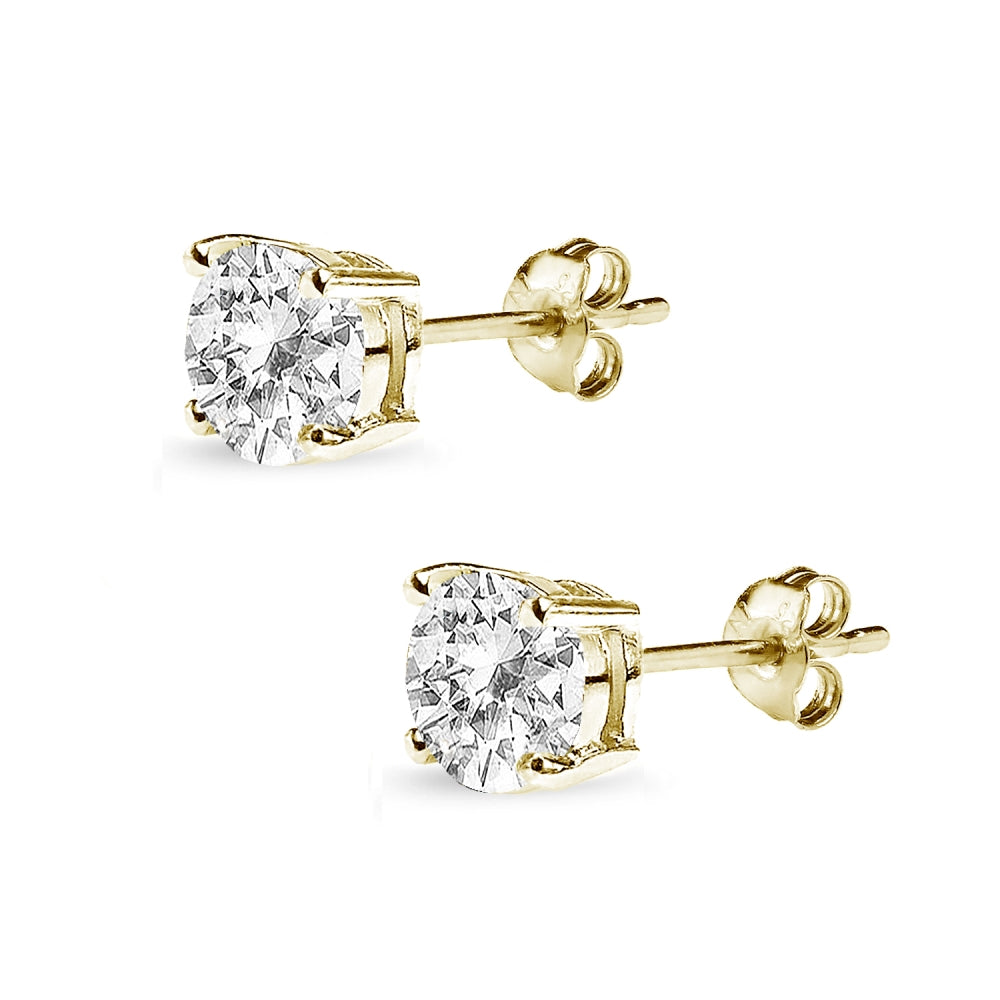 Yellow Gold Flashed Sterling Silver White Topaz 7mm Round-Cut Solitaire Stud Earrings-2