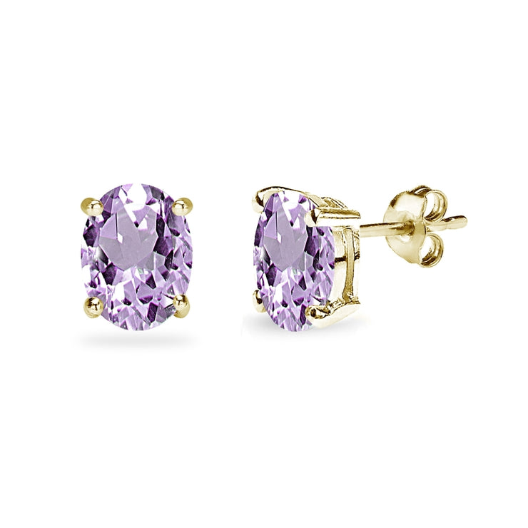 Yellow Gold Flashed Sterling Silver Amethyst 8x6mm Oval-Cut Solitaire Stud Earrings