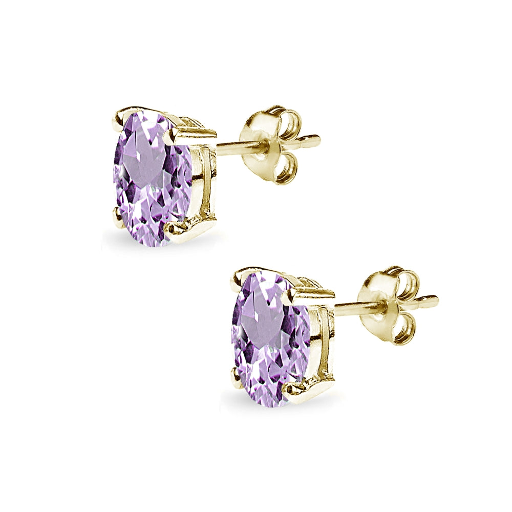 Yellow Gold Flashed Sterling Silver Amethyst 8x6mm Oval-Cut Solitaire Stud Earrings-2