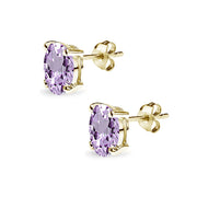 Yellow Gold Flashed Sterling Silver Amethyst 8x6mm Oval-Cut Solitaire Stud Earrings