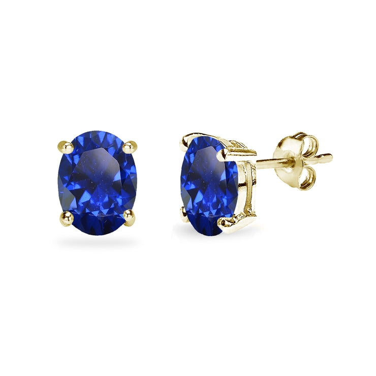 Yellow Gold Flashed Sterling Silver Created Blue Sapphire 8x6mm Oval-Cut Solitaire Stud Earrings