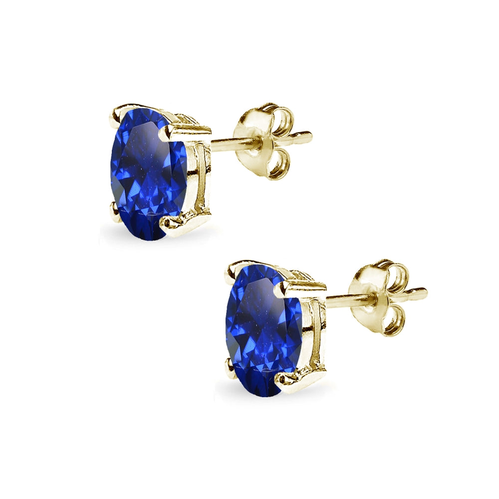 Yellow Gold Flashed Sterling Silver Created Blue Sapphire 8x6mm Oval-Cut Solitaire Stud Earrings-2