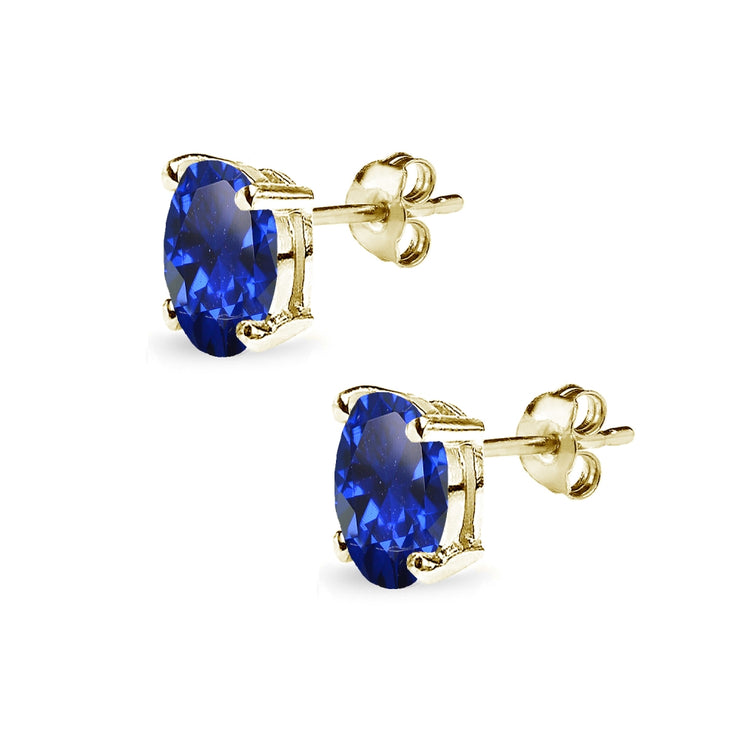 Yellow Gold Flashed Sterling Silver Created Blue Sapphire 8x6mm Oval-Cut Solitaire Stud Earrings