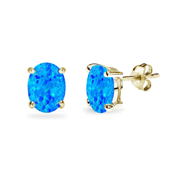 Yellow Gold Flashed Sterling Silver Created Blue Opal 8x6mm Oval-Cut Solitaire Stud Earrings