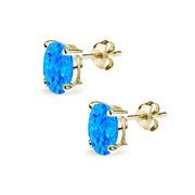 Yellow Gold Flashed Sterling Silver Created Blue Opal 8x6mm Oval-Cut Solitaire Stud Earrings