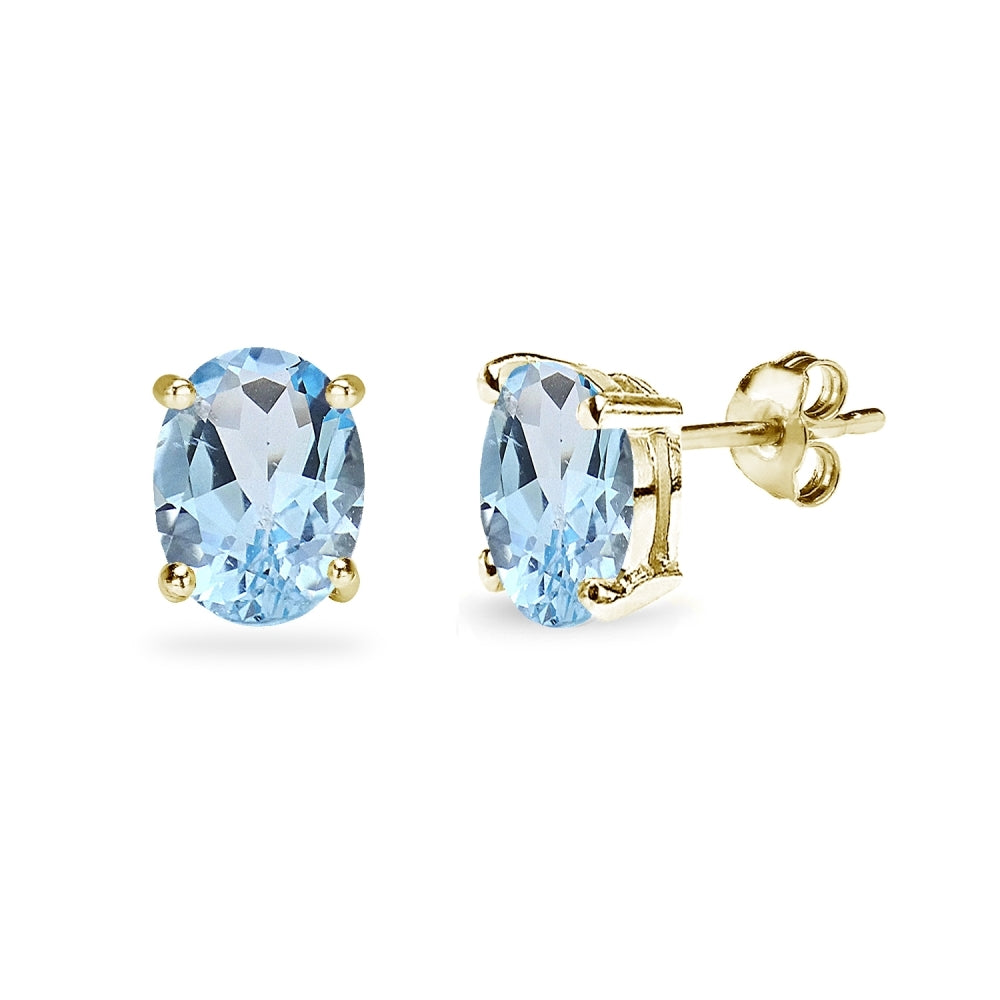 Yellow Gold Flashed Sterling Silver Blue Topaz 8x6mm Oval-Cut Solitaire Stud Earrings