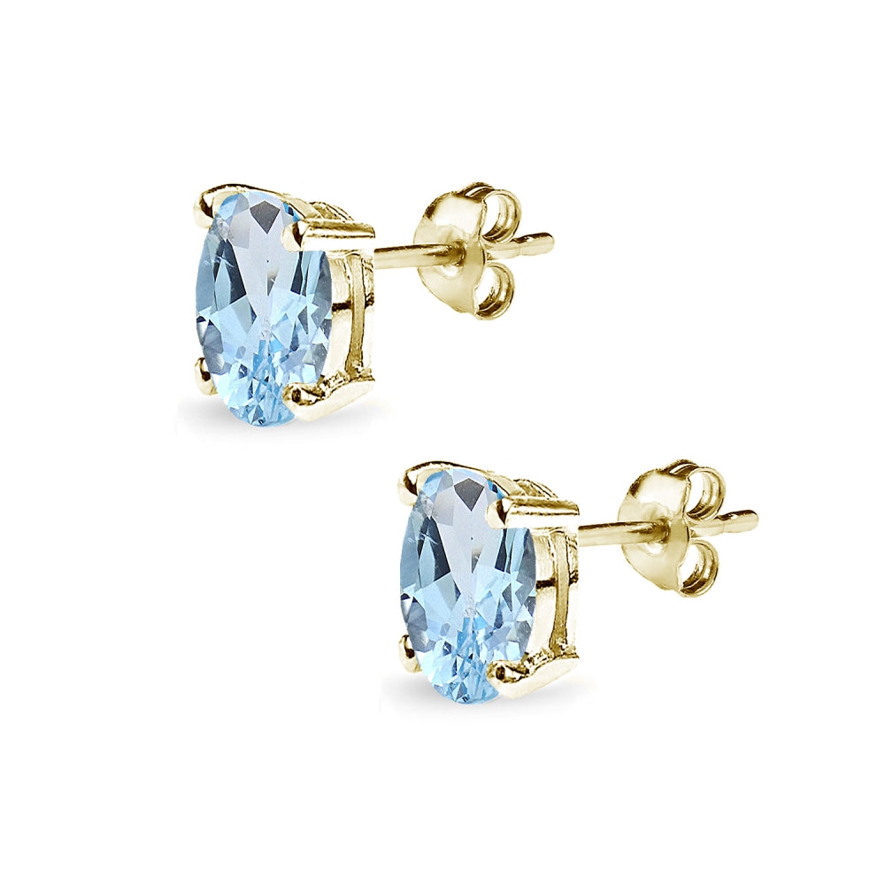 Yellow Gold Flashed Sterling Silver Blue Topaz 8x6mm Oval-Cut Solitaire Stud Earrings-2