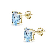 Yellow Gold Flashed Sterling Silver Blue Topaz 8x6mm Oval-Cut Solitaire Stud Earrings