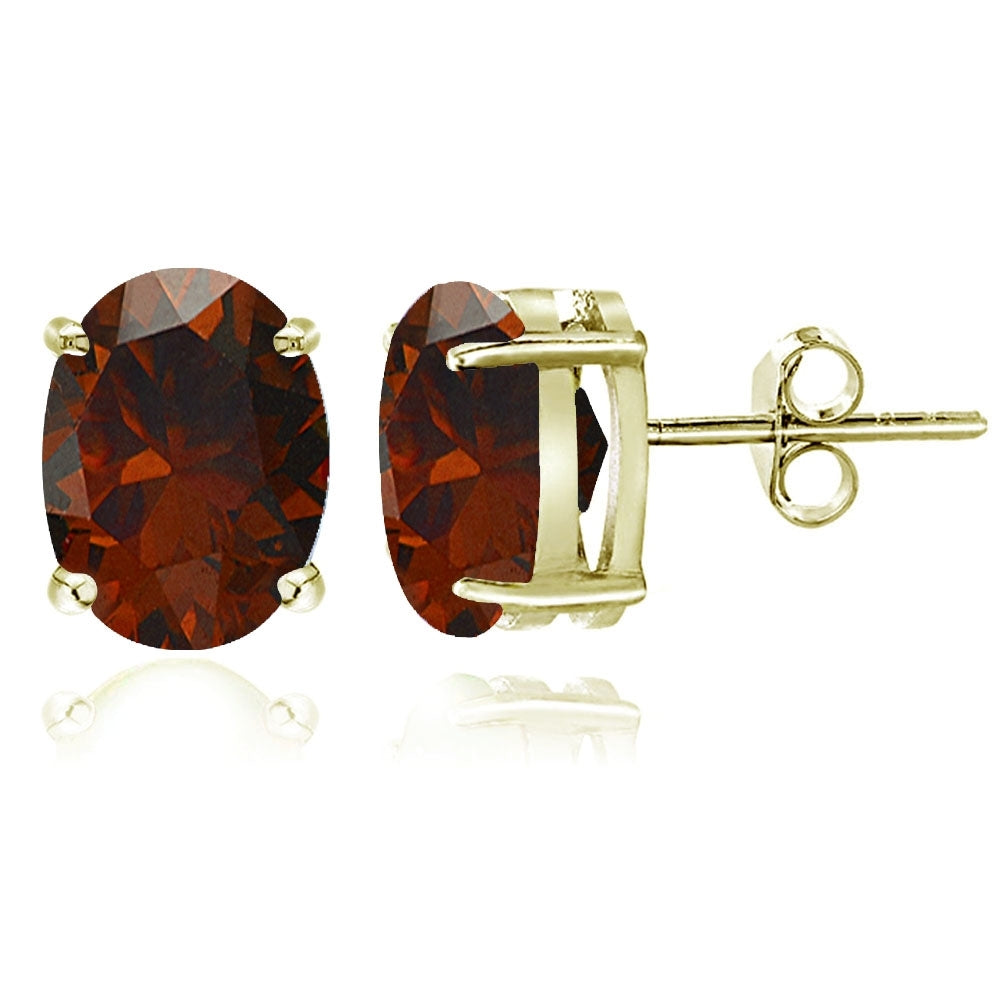 Gold Tone over Sterling Silver Garnet 8x6mm Oval Stud Earrings