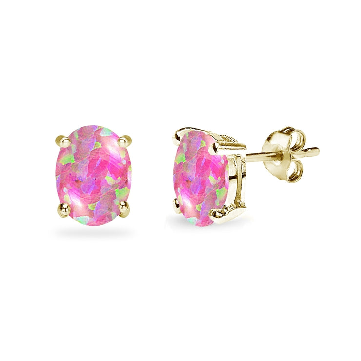 Yellow Gold Flashed Sterling Silver Created Pink Opal 8x6mm Oval-Cut Solitaire Stud Earrings
