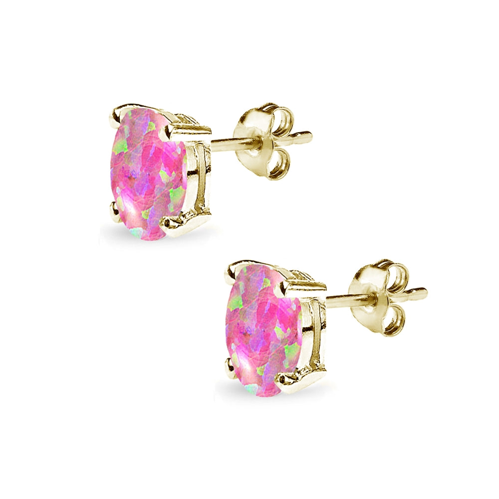 Yellow Gold Flashed Sterling Silver Created Pink Opal 8x6mm Oval-Cut Solitaire Stud Earrings-2
