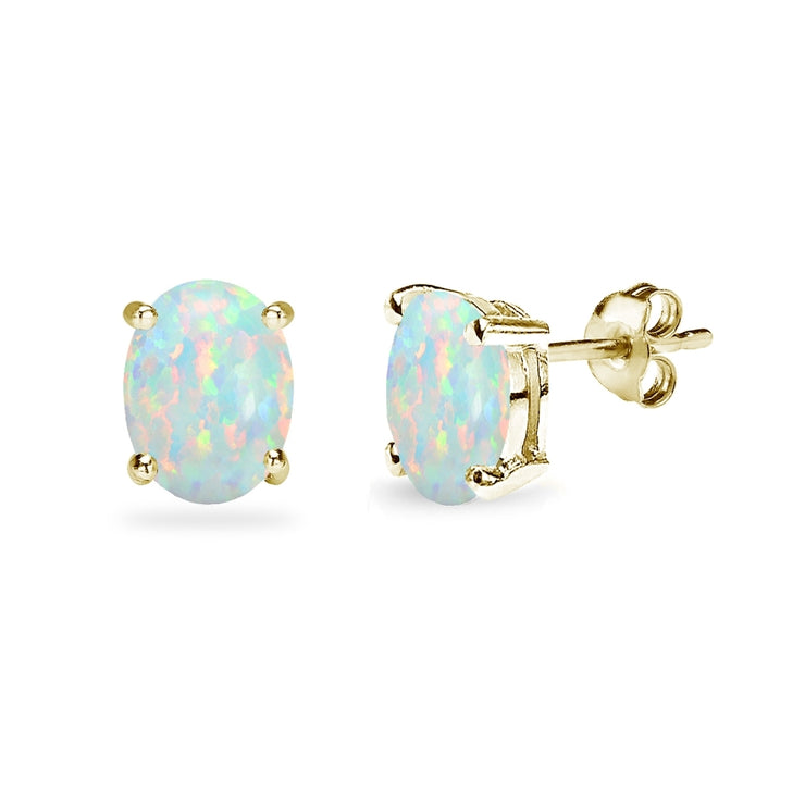Yellow Gold Flashed Sterling Silver Created White Opal 8x6mm Oval-Cut Solitaire Stud Earrings