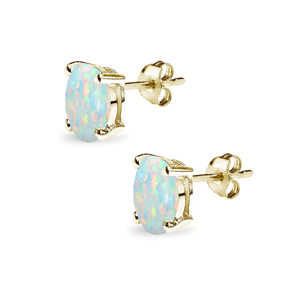 Yellow Gold Flashed Sterling Silver Created White Opal 8x6mm Oval-Cut Solitaire Stud Earrings-2