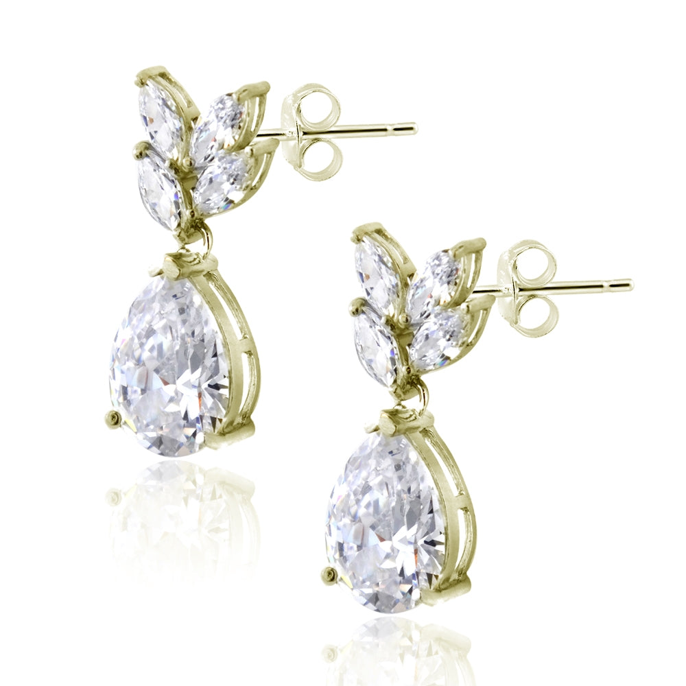 Yellow Gold Flashed Sterling Silver Cubic Zirconia Teardrop Fashion Dangle Earrings-2
