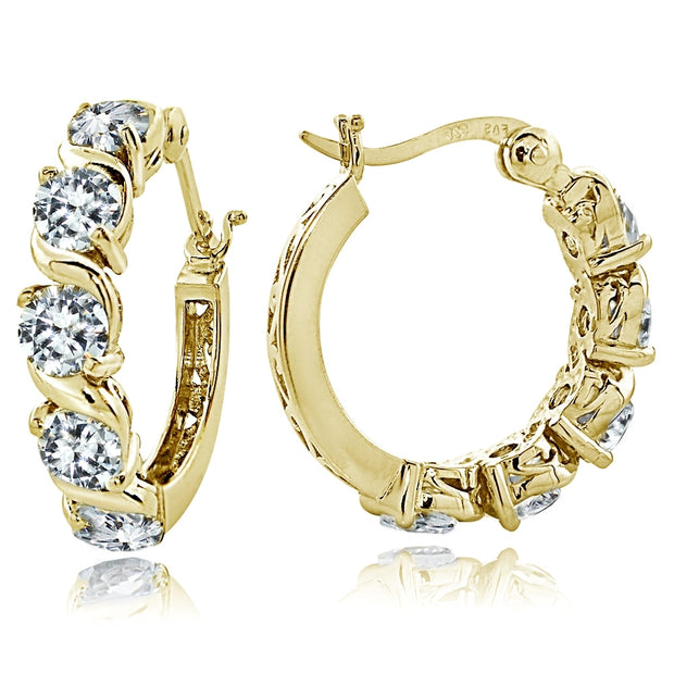 Gold Tone over Sterling Silver Cubic Zirconia S Design Hoop Earrings