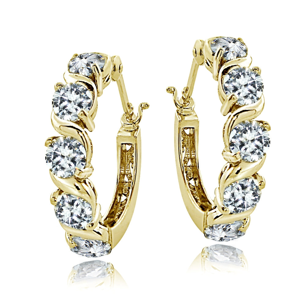 Gold Tone over Sterling Silver Cubic Zirconia S Design Hoop Earrings-4