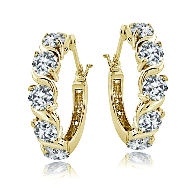 Gold Tone over Sterling Silver Cubic Zirconia S Design Hoop Earrings