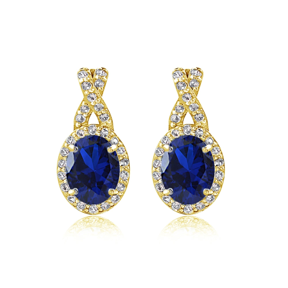 Yellow Gold Flashed Sterling Silver Created Blue Sapphire & White Topaz Oval X Drop Earrings-2