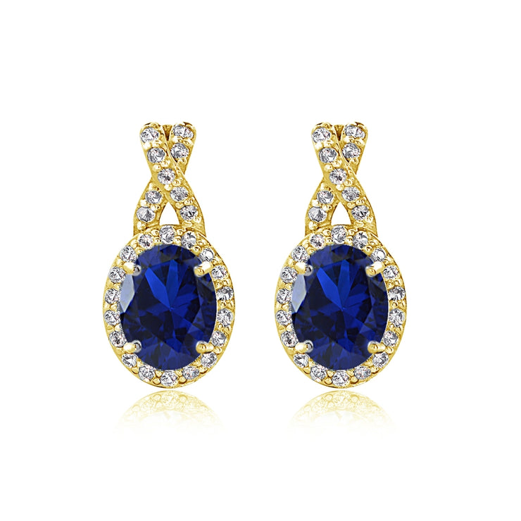 Yellow Gold Flashed Sterling Silver Created Blue Sapphire & White Topaz Oval X Drop Earrings