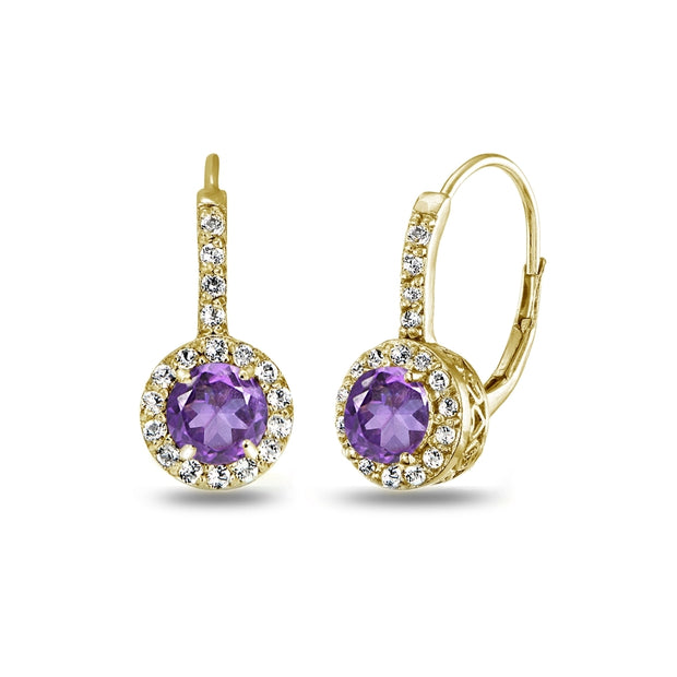 Yellow Gold Flashed Sterling Silver African Amethyst & White Topaz Round Dainty Halo Leverback Earrings