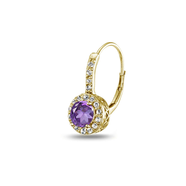 Yellow Gold Flashed Sterling Silver African Amethyst & White Topaz Round Dainty Halo Leverback Earrings